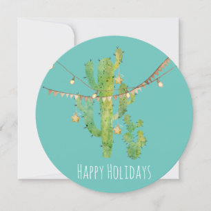 Festividades Cactus e Luzes Aquarela com Cartão de Natal