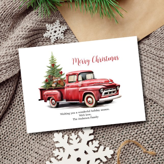 Festividades Caminhão de coleta vermelho com árvore no cartão d (Red Pickup Truck with Tree in back Christmas Holiday Card, Digital and Printed)