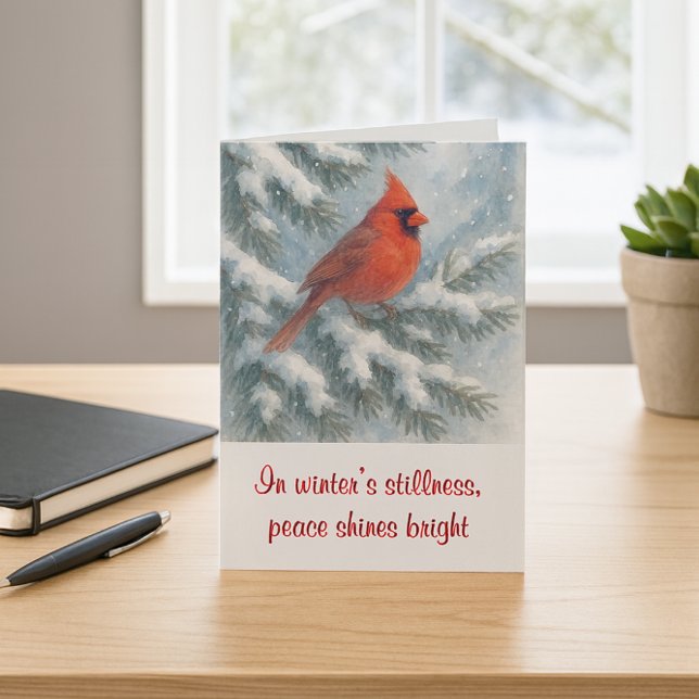 Festividades Cardinal de Natal em cartão de Natal de árvore de  ("Red cardinal Christmas card with peaceful winter scene—perfect for nature lovers and holiday mail.")
