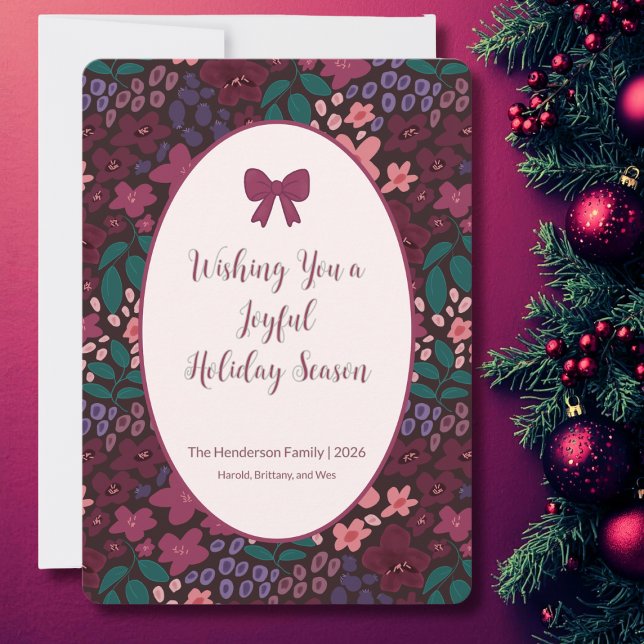 Festividades Cartão Chato de Floral Borgonha Personalizado Eleg (Elegant Burgundy Floral Holiday Card)