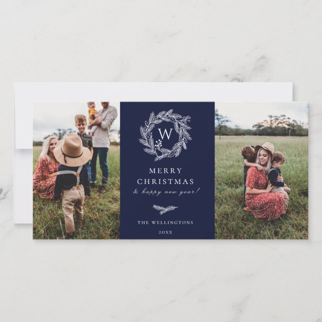 Festividades Cartão com fotos azul de inverno monograma Feriado (Frente)