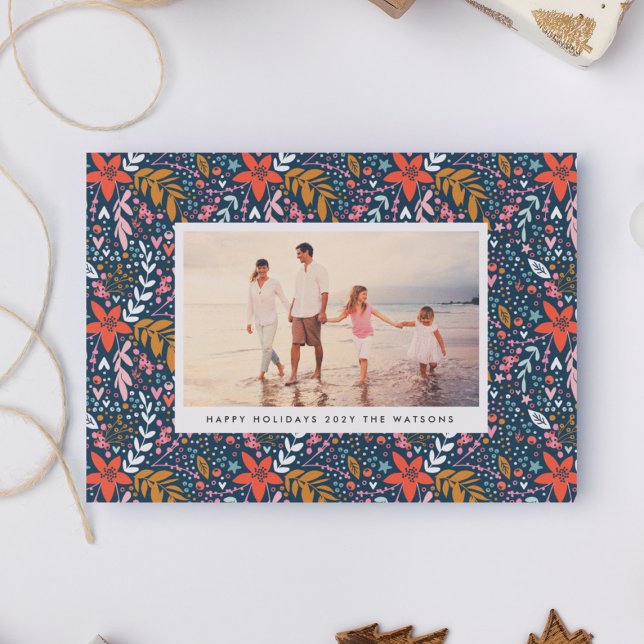 Festividades Cartão com fotos Bonito de Natal Floral Azul (Criador carregado)