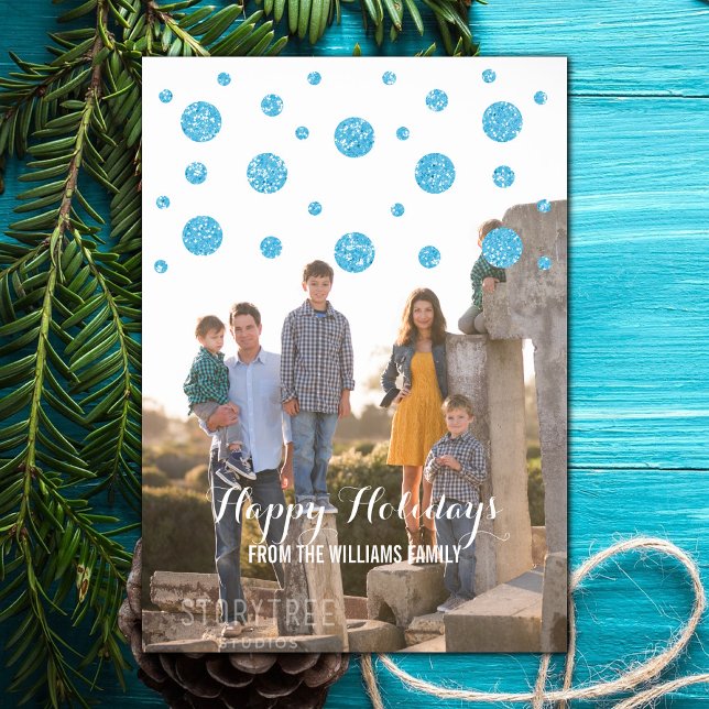 Festividades Cartão com fotos de Feriado de Confetti Azul Glitt (Blue Glitter Confetti Holiday Photo Card)