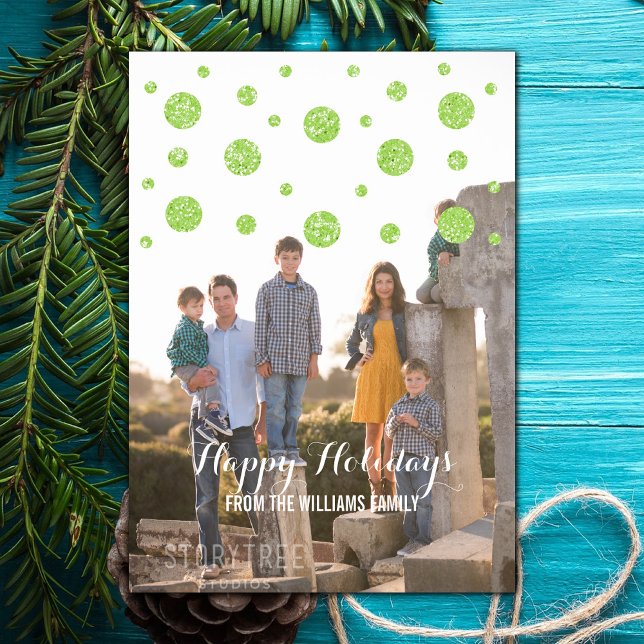 Festividades Cartão com fotos de Feriado de Confetti Glitter Ve (Green Glitter Confetti Holiday Photo Card)