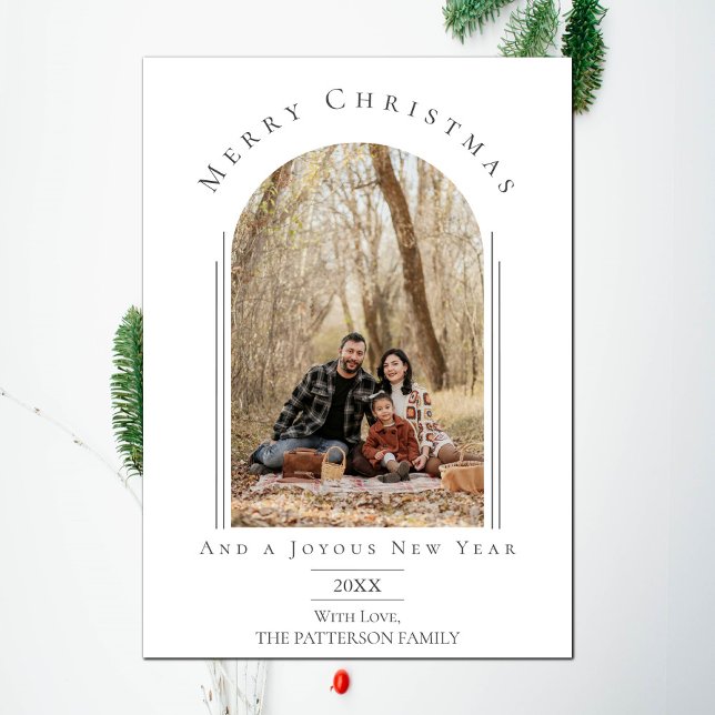 Festividades Cartão com fotos de Feriado de Quadro Moderno Bran (White Modern Arch Frame Holiday Photo Card)