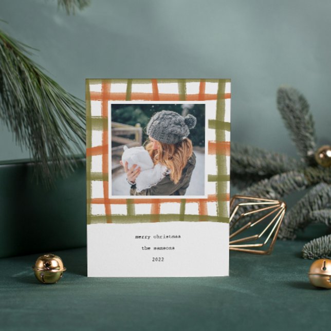 Festividades Cartão com fotos de Feriado de Xadrez de sala de a (Watercolor painted classroom plaid photo Christmas card.)