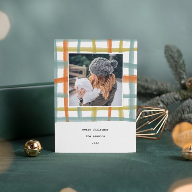 Festividades Cartão com fotos de Feriado de Xadrez de sala de a (Watercolor painted classroom plaid photo Christmas card.)