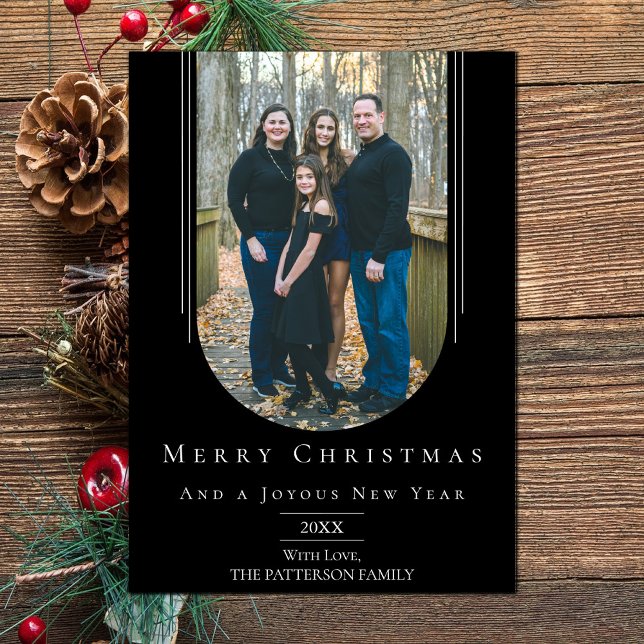 Festividades Cartão com fotos de Férias Boho Invertido Moderno  (Black Modern Inverted Arch Holiday Photo Card)