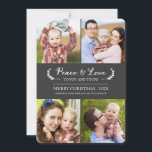 Festividades Cartão com fotos de Férias de Chalkboard Peace and<br><div class="desc">Cartão com fotos de Férias Chalkboard Peace and Love de Orabella Impressões. Este cartão de feriado de quatro fotos apresenta um design elegante laurel na frente e no verso, e o texto pode ser personalizado. Observe que: As imagens neste design são apenas para portadores de lugar. Substitua-os por fotos próprias...</div>