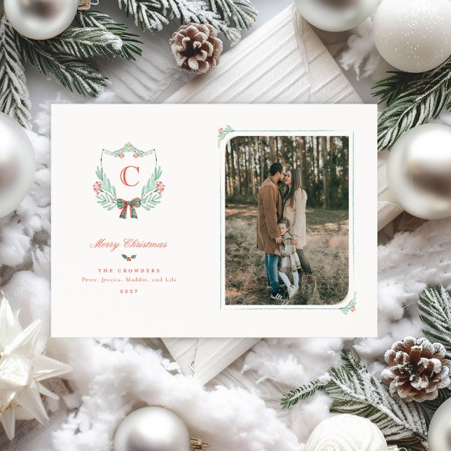 Festividades Cartão com fotos de Férias de repouso do monograma (A classic holiday card featuring a watercolor monogram crest and your family photo)