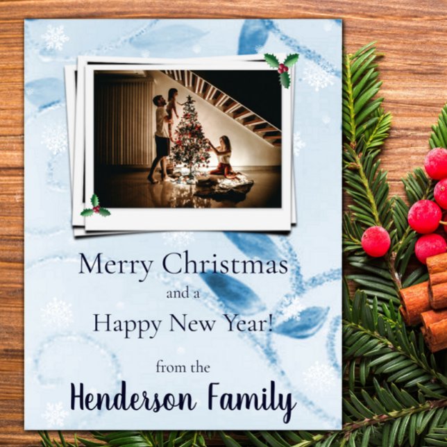 Festividades Cartão com fotos de Férias Flat Azul (Blue Leaves Flat Holiday Photo Card)