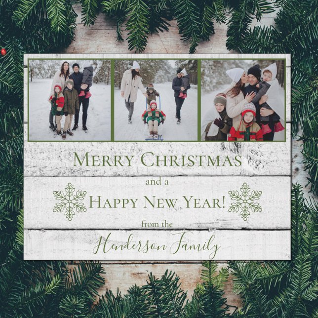 Festividades Cartão com fotos de Férias Flat de Neve Verde Russ (Green Rustic Snowflakes Holiday Photo Card)