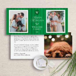 Festividades Cartão com fotos de Monograma Verde Elegante