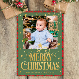 Festividades Cartão com fotos de Natal Dourado Verde Vermelho