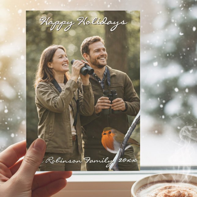 Festividades Cartão com fotos de Natal Robin Bird (Perfect Christmas Photo Card for Bird Watchers. Add your Family Name)