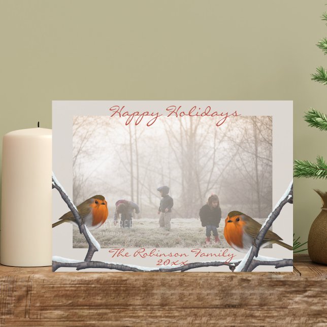 Festividades Cartão com fotos de Natal Robin Bird Overlay (Happy Holidays from the robins. Just upload your photo)