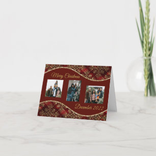 Festividades Cartão com fotos de Natal Vermelho e Dourado