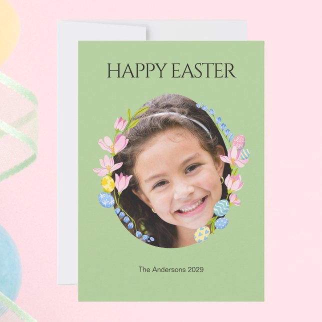 Festividades Cartão com fotos de páscoa com Quadro Floral - Ver (Easter Photo Card with Floral Frame – Green)