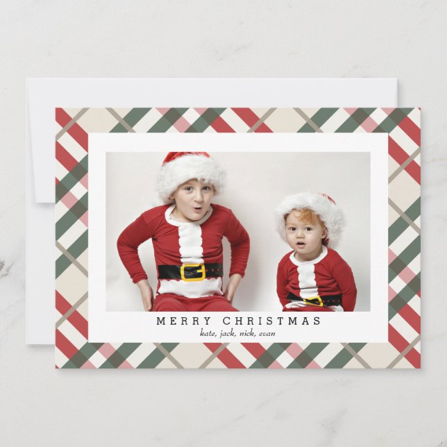 Festividades Cartão com fotos de Xadrez Beige Tartan para o Nat (Frente)