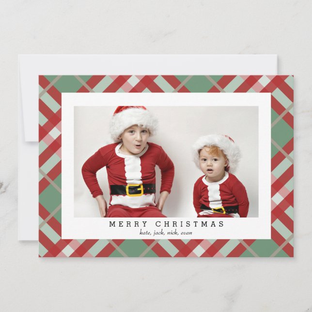 Festividades Cartão com fotos de Xadrez Beige Tartan para o Nat (Frente)