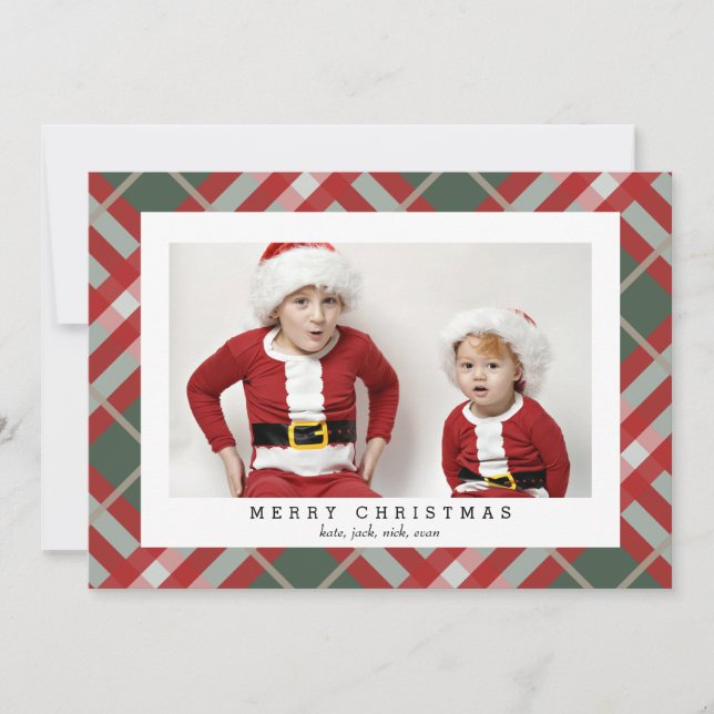 Festividades Cartão com fotos de Xadrez Beige Tartan para o Nat (Frente)