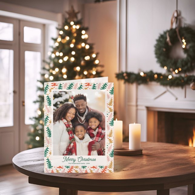 Festividades Cartão com fotos dobrado de feriado na árvore de N (Groovy Retro Christmas Tree Holiday Folded Card)