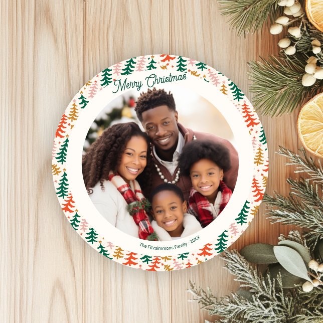 Festividades Cartão com fotos Festivo de Árvore de Férias Retro (Groovy Retro Christmas Tree Holiday Circle Card)