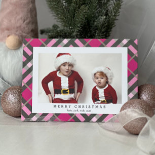 Festividades Cartão com fotos verde-rosa de Xadrez de Tartan no