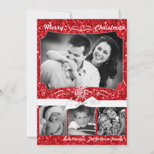 Festividades cartão com fotos XMAS de Natal Red Glitter 5x7
