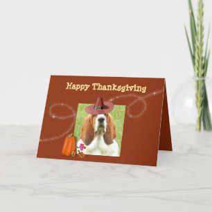 Festividades Cartão de Ação de Graças Bonito com Basset, Pumpki