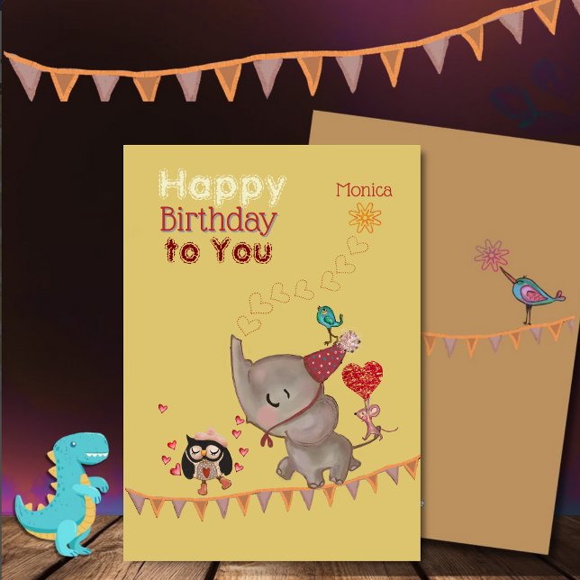 Festividades Cartão de Aniversário Amarelo de Elefante e Rato B (Cute Elephant & Mouse Yellow Birthday Card)