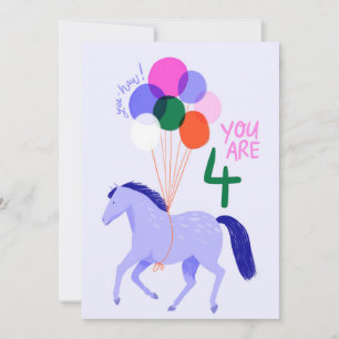 Festividades Cartão de Aniversário de 4 Anos com Cavalo e Balõe