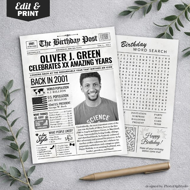 Festividades Cartão de aniversário de jornal de 2001, Trend (Custom Back in 2001 Newspaper Birthday Card, Trend Holiday Card)