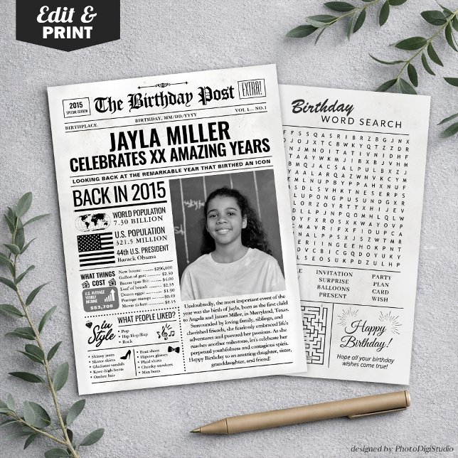 Festividades Cartão de aniversário de jornal de 2015, Trend (Custom Back in 2015 Newspaper Birthday Card, Trend Holiday Card)