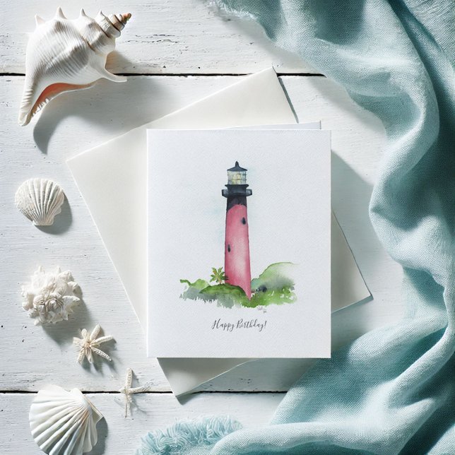 Festividades Cartão de Aniversário do Farol de Júpiter (Birthday cards beach watercolor Jupiter Lighthouse art by Victoria Grigaliunas Do Tell A Belle)
