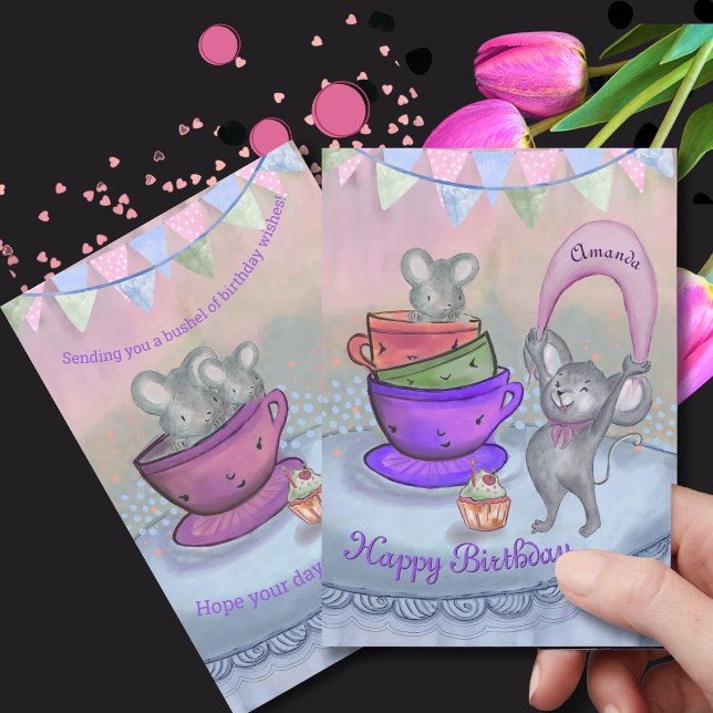 Festividades Cartão de Aniversário Personalizado para Camundong (Pink & Purple Funny Cool Mice Custom Birthday Card)