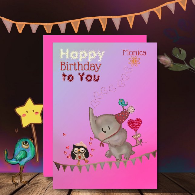 Festividades Cartão de aniversário rosa de elefante e rato giro (Cute Elephant & Mouse Pink Birthday Card)