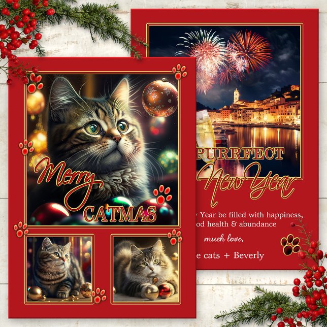 Festividades Cartão de Ano Novo de Foto do Red Cat Divertido (Fun red Catmas and New Year card with your photos or images of cats playing with Christmas balls)