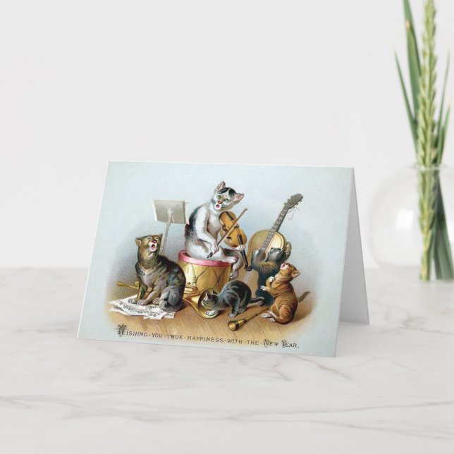 Festividades Cartão de Ano Novo de Gatos Vitorianos (Frente)