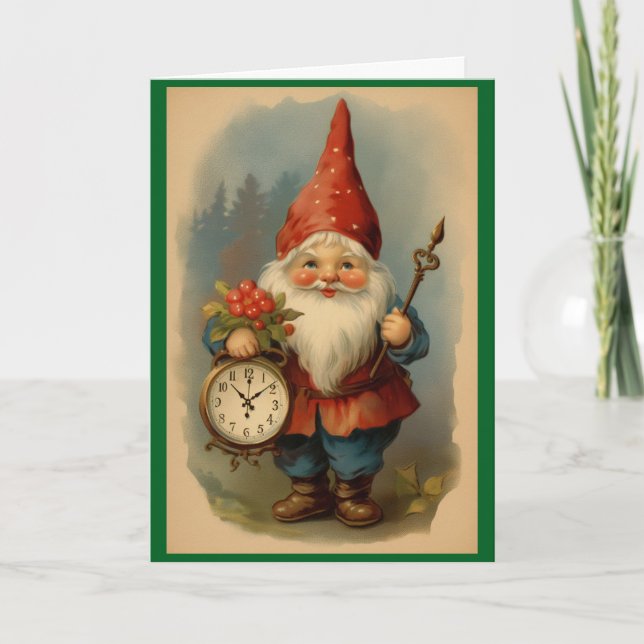 Festividades Cartão de Ano Novo de Gnome Vintage (Frente)