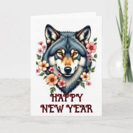 Festividades Cartão de Ano Novo de Lobo Floral Dobrado Feliz