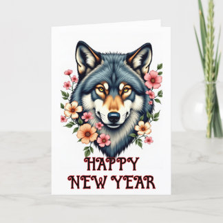 Festividades Cartão de Ano Novo de Lobo Floral Dobrado Feliz