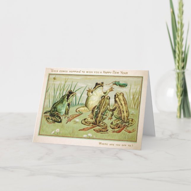 Festividades Cartão de Ano Novo de Rãs Vintage (Frente)