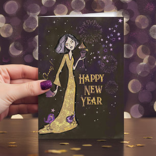 Festividades Cartão de Ano Novo Elegante Dourado e Roxo Corpo