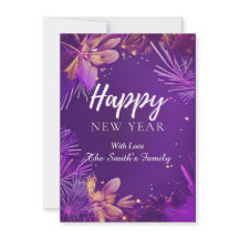 Cartão de Ano Novo Feliz com Flor Roxa