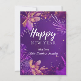 Festividades Cartão de Ano Novo Feliz com Flor Roxa