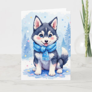Festividades Cartão de Boas Festas com Cachorrinho Husky Fofo e