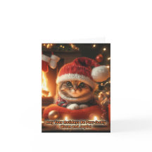 Cartão de Boas Festas com Gato de Natal Diante da 