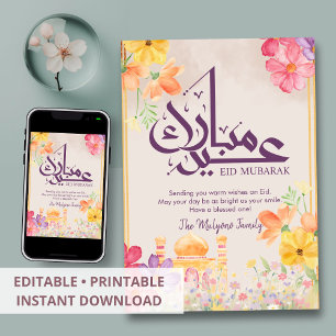 Festividades Cartão de Boas Festas Eid Mubarak com Floral em Aq