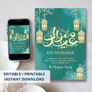 Festividades Cartão de Boas Festas Eid Mubarak em Aquarela Azul